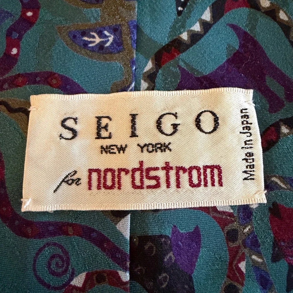 Seigo New York Silk Tie Mens OS Teal Animal Print Whimsical Art Deco Japan 13